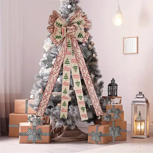 1pc, christmas tree decorated with bow bands, handmade christmas tree topper  - red black burlap decorative bow - rustic farmhouse xmas decorations home  decor | Shop Now For Limited-time Deals | Temu