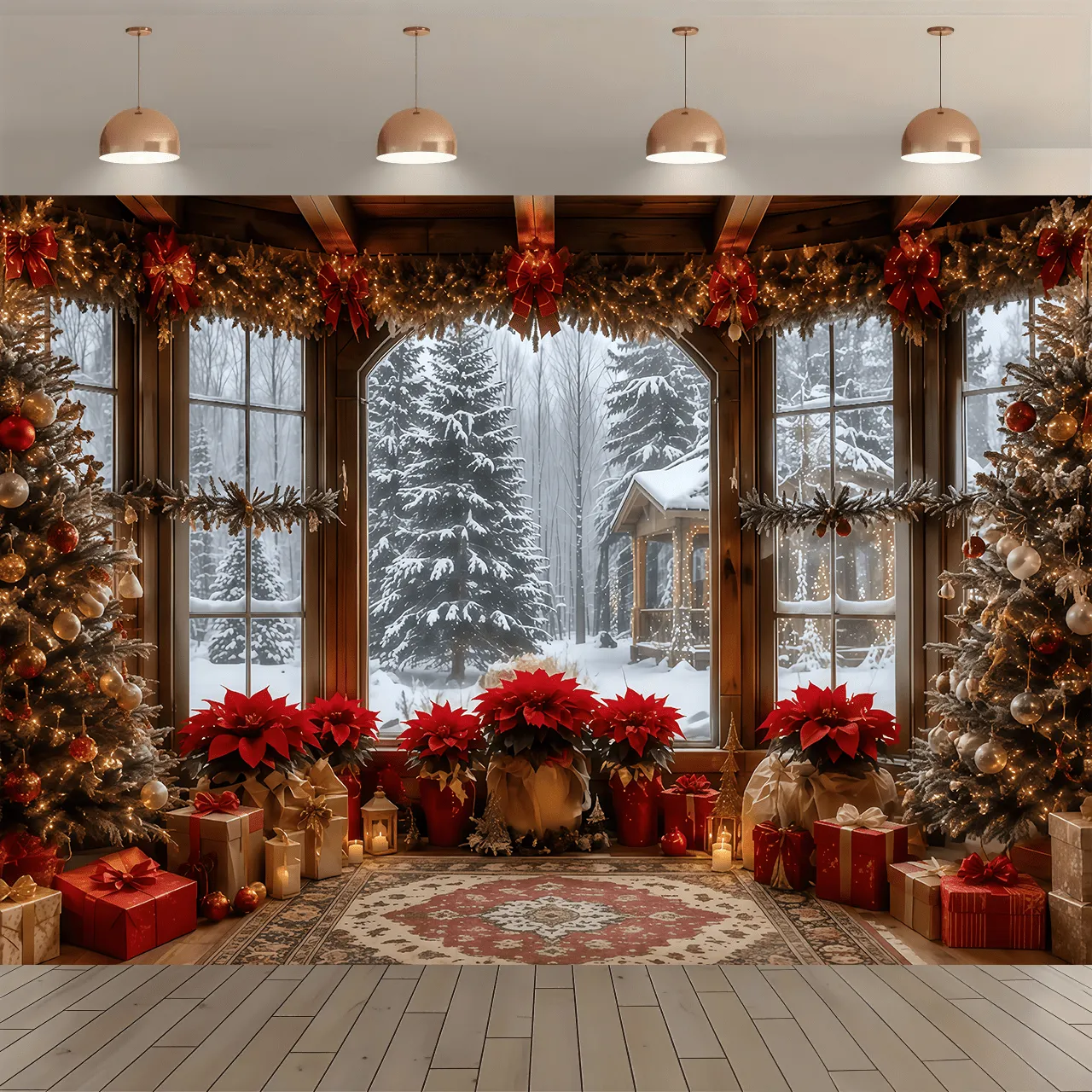 1pc Cozy Christmas Theme Banner Backdrop, Christmas Cabin Interior Snow Scene Theme, Includes Decorative Christmas Tree, Red Bouquet, Gift Box Elements, Suitable For Christmas Party Decoration, Part