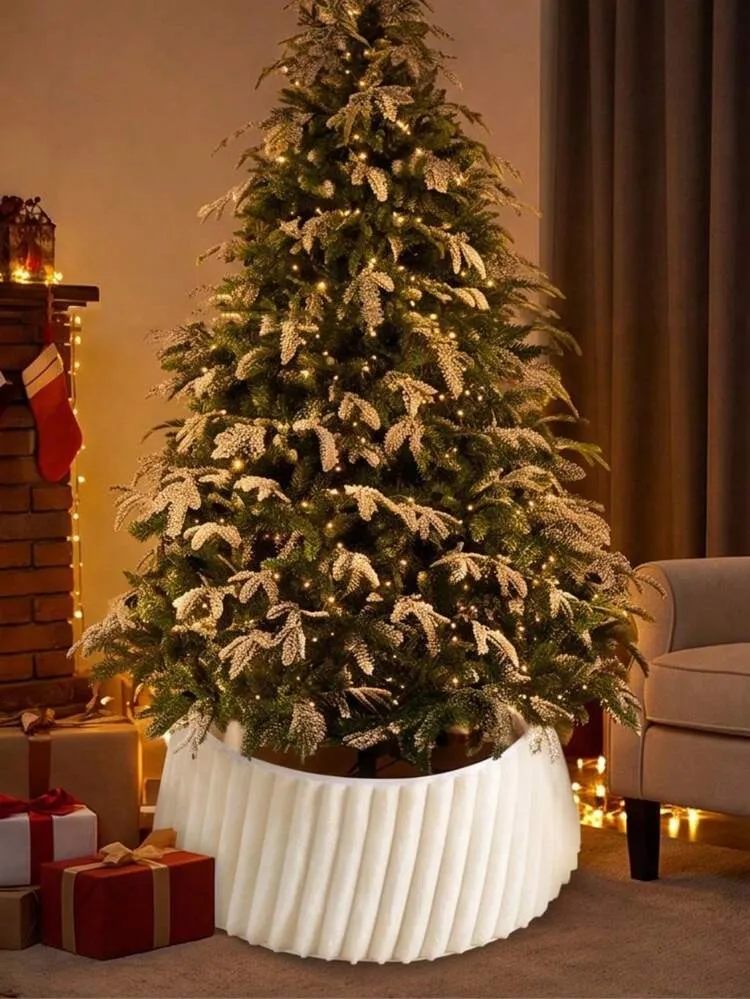 1pc Foldable Off White Striped Faux Fur Tree Collar, Vertical Pleat Soft Fluffy Christmas Tree Print Tree Ring, Plush Cloth Xmas Tree Base Wreath For ...