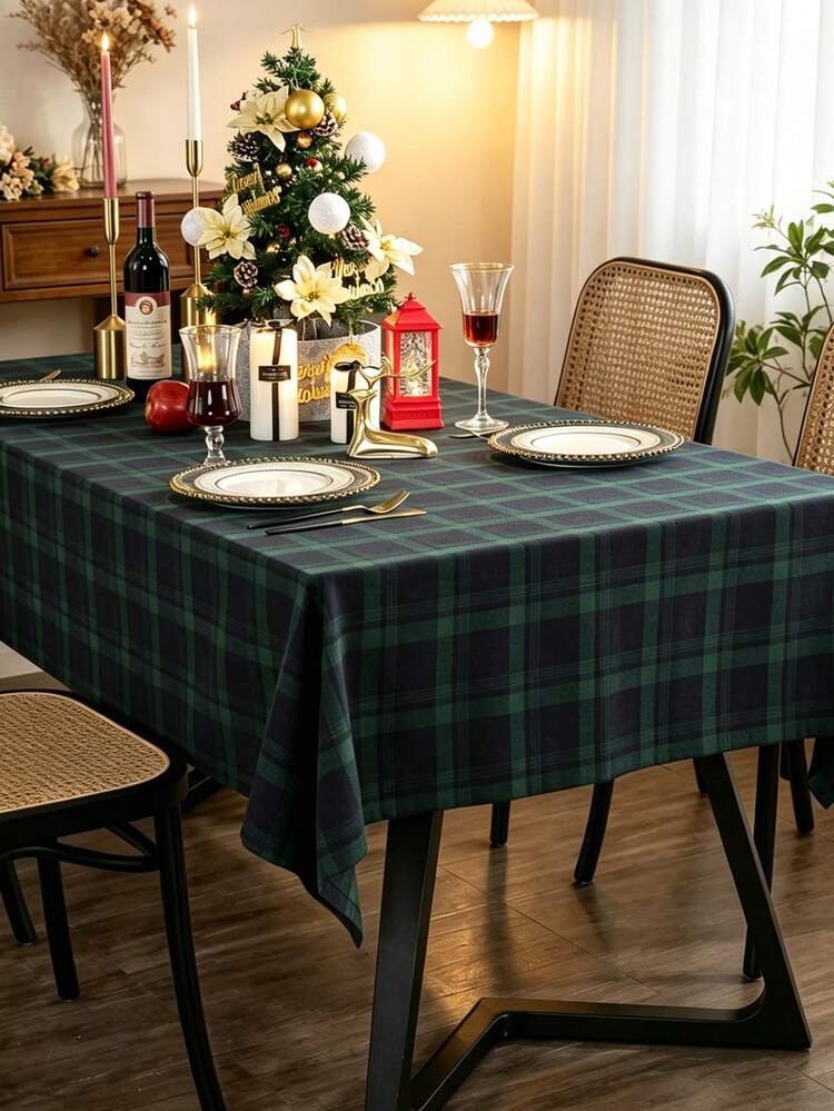 1pc Green Plaid Tablecloth, Classic Nordic Style Dining Table Decor,  Suitable For Christmas, New Year Party, Coffee Table, Desktop Decoration,  Home Decor, Autumn Decor, Bedroom Decor, Autumn Home De