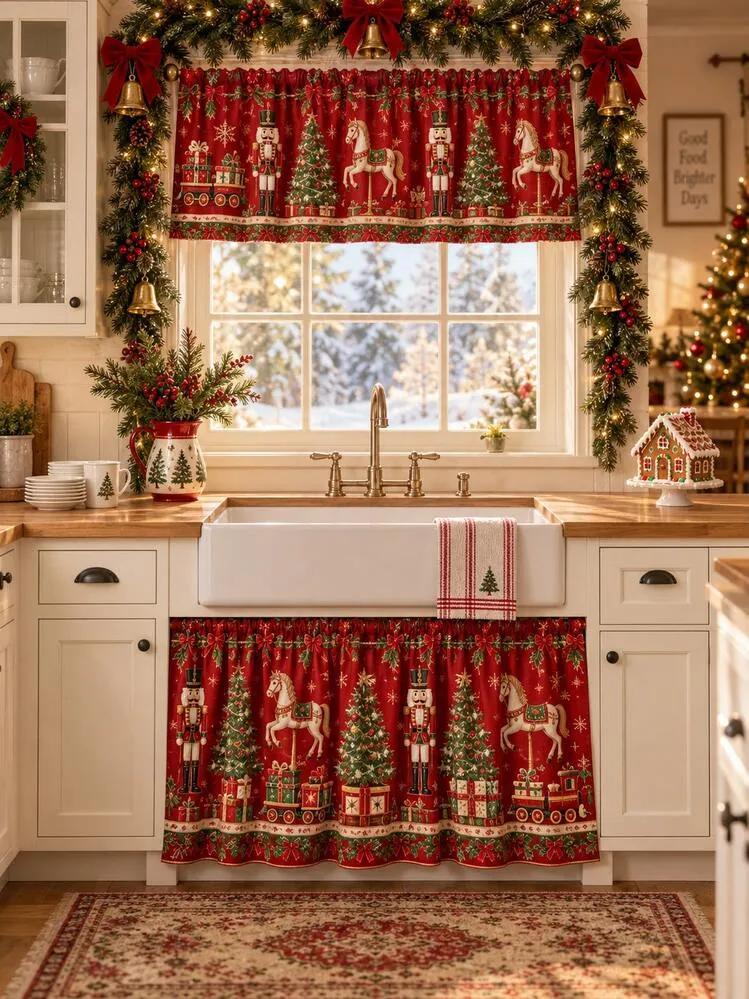 1pc-Red Christmas Valance & Sink Cabinet Curtain Set, Classic Nutcracker  Rocking Horse Christmas Tree Gift Train Printed Kitchen Short Curtain,  Farmhouse Winter Holiday Window Treatment, Xmas Party 