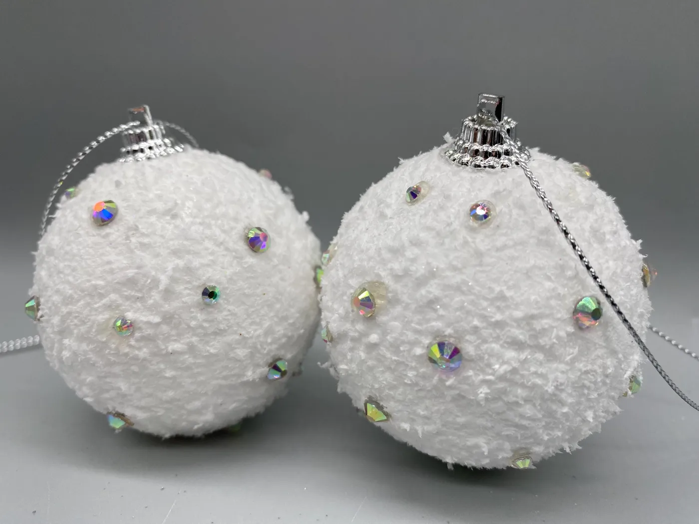 2 Sparkly White Glitter Snow Rhinestone Hanging Christmas Tree Ornament  Bauble Decoration