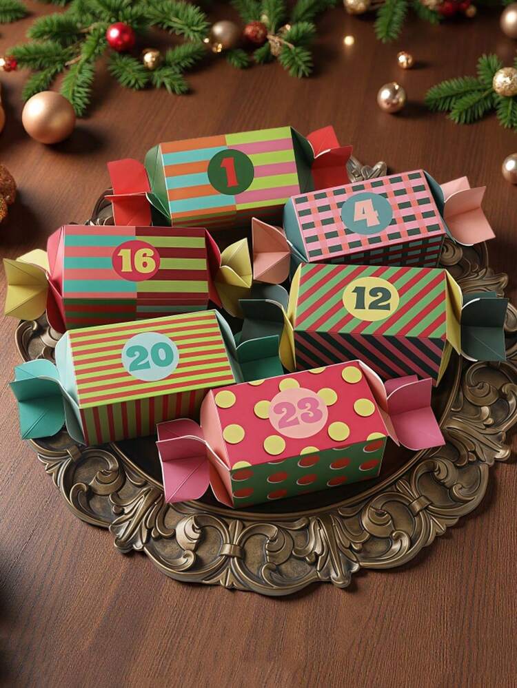 24 Christmas Gift Boxes, Candy-Shaped Christmas Advent Calendar Boxes, Christmas Decoration, 24-Day DIY Countdown Empty Advent Calendar With Santa Claus, Reindeer And Snowflake Patterns, Suitable Fo