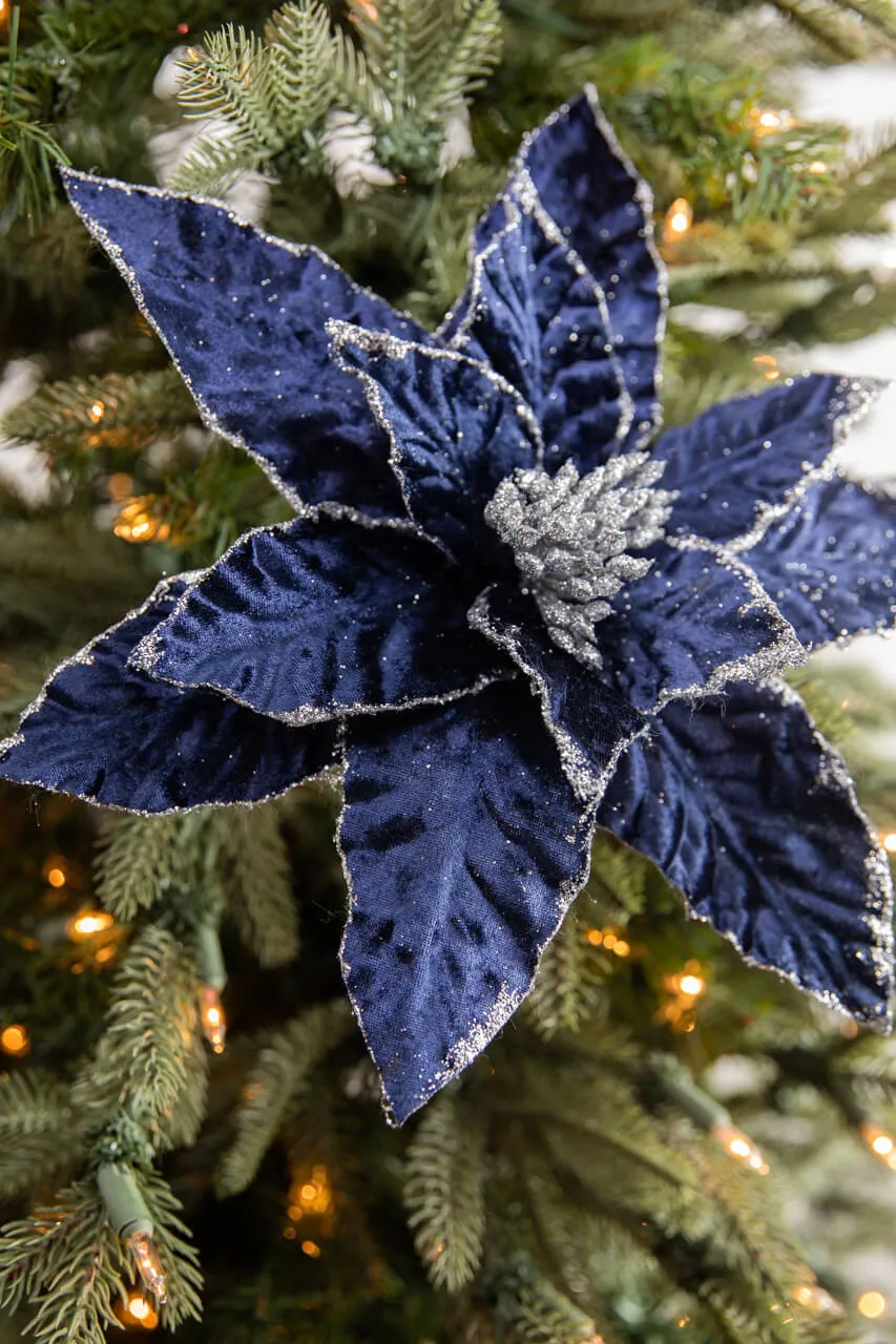 24” Navy Glitter Edge Velvet Poinsettia Stem - Decorator's Warehouse