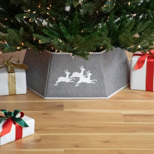 26' Gray Burlap with Reindeer Hexagonal Christmas Tree Collar | Christmas