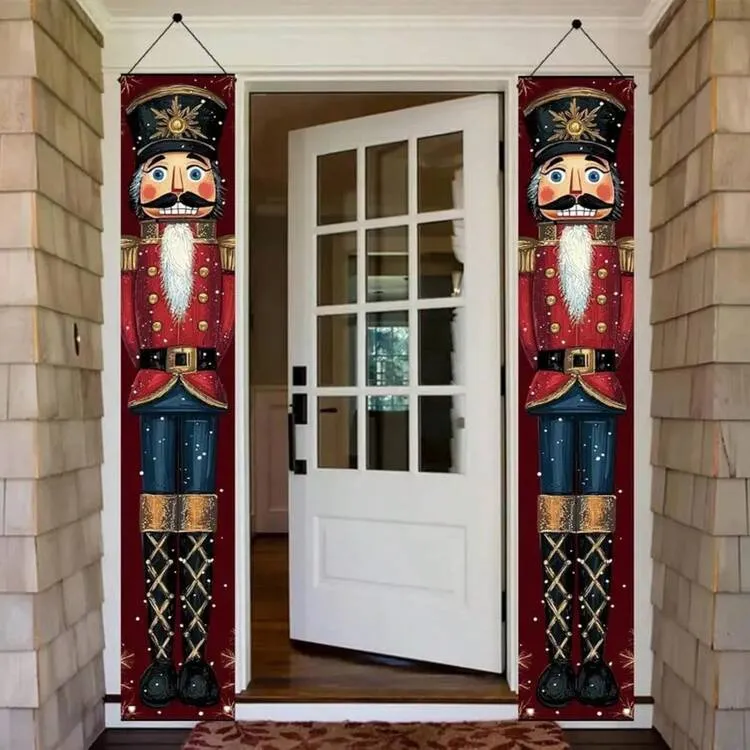 2pcs Christmas Nutcracker Porch Banner, Christmas Party Decoration, Christmas Decoration, Polyester Fabric, Suitable For Christmas Party, Christmas Eve, Indoor/Outdoor, Courtyard, Corridor, Entrance