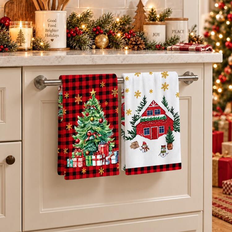 2pcs Christmas Red & Black Plaid Print Kitchen Towels, Gift Box Gold  Snowflake & Snowman Pattern