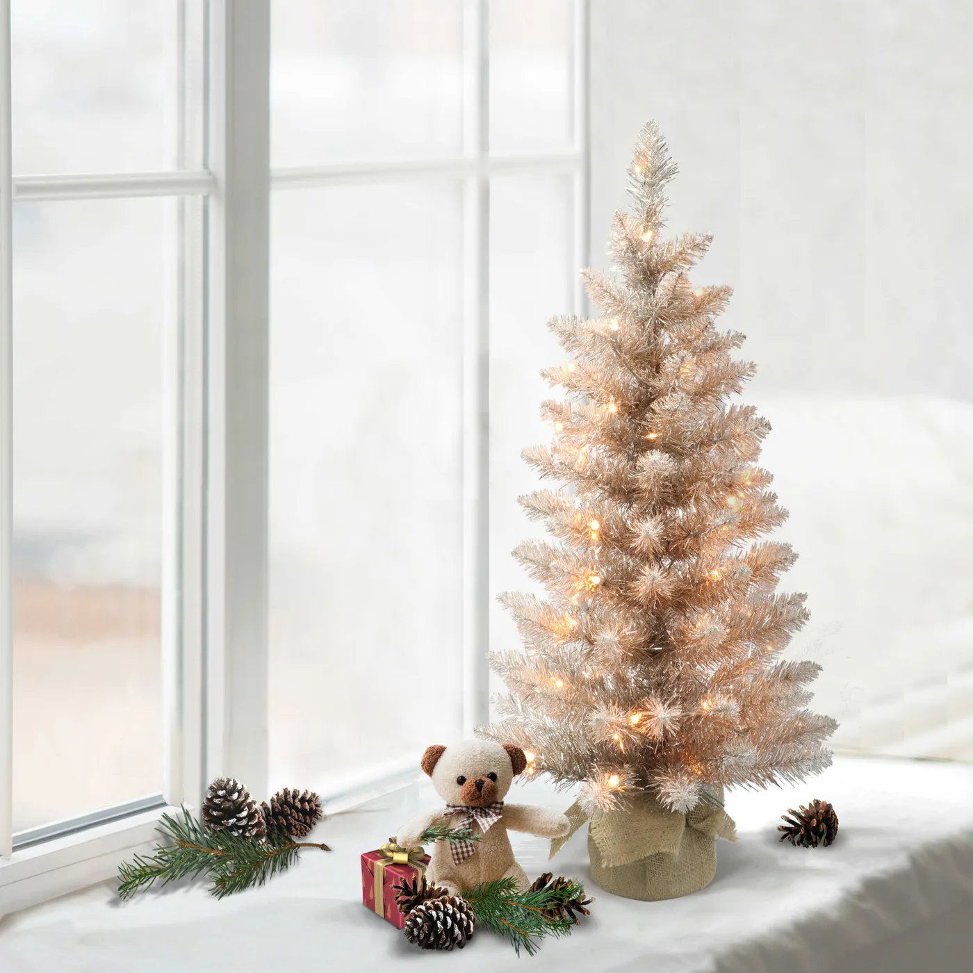 3 ft Pre-lit Rose Gold Tree, 97 Tips, 50 UL Clear Incandescent Lights, Burlap Base
