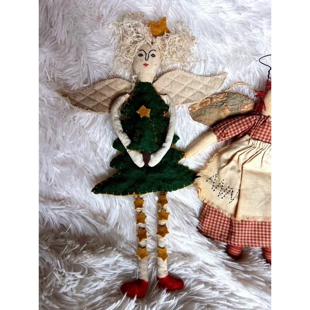 3 Rustic Primitive Christmas Tree Ornaments Angels Bunny Whimsical Folk Art casadelaspalabras.pt
