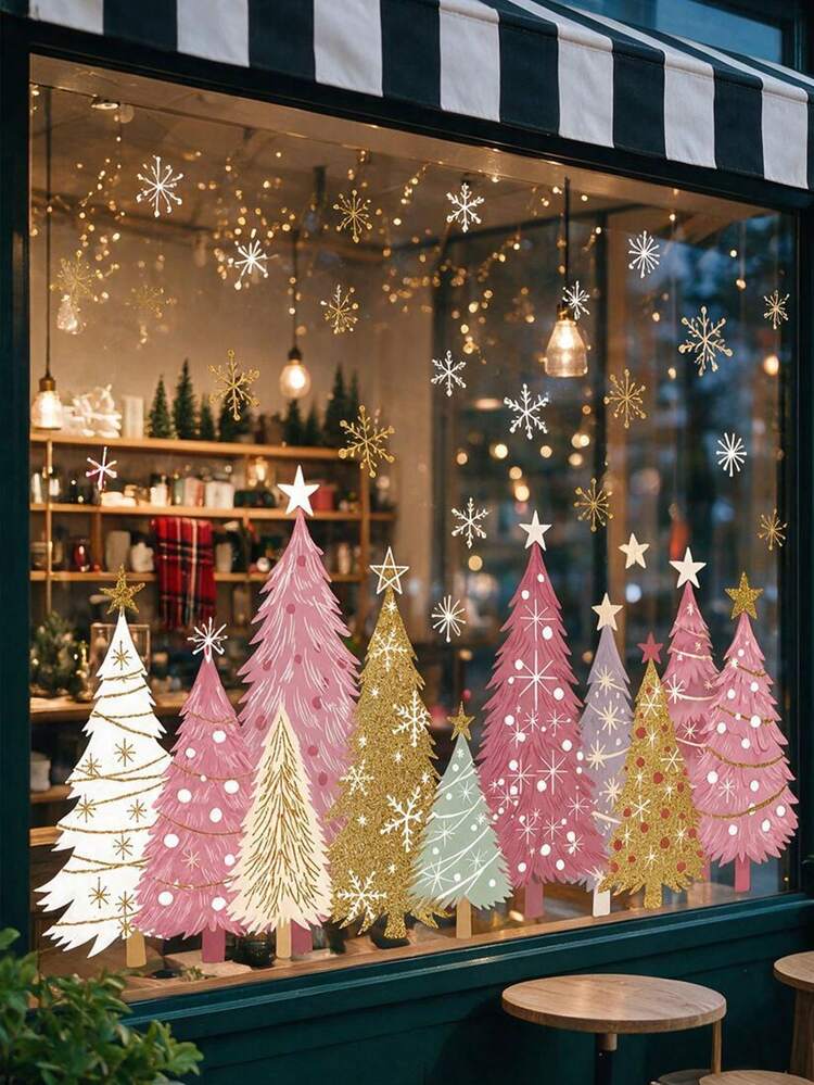 3pcs Christmas Window Stickers, Featuring Yellow, Pink And Gold Christmas Tree Snowflake Designs, Suitable For Doors, Store Windows, Glass Panels Decoration, Winter Holiday Decor, Winter Holiday Bed