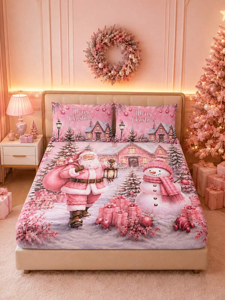 3PCS Pink Winter Christmas Atmosphere Bedding Set, (1PC Fitted Sheet + 2pcs  Pillowcases, Pillow Inserts Not Included,) Polyester Digital Print, Pink  Santa Claus & Snowman Pattern, Cartoon Cozy Chris