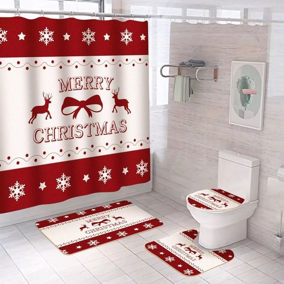 4-Piece Merry Christmas Bathroom Set – Shower Curtain + Rugs + Toilet Lid  Cover