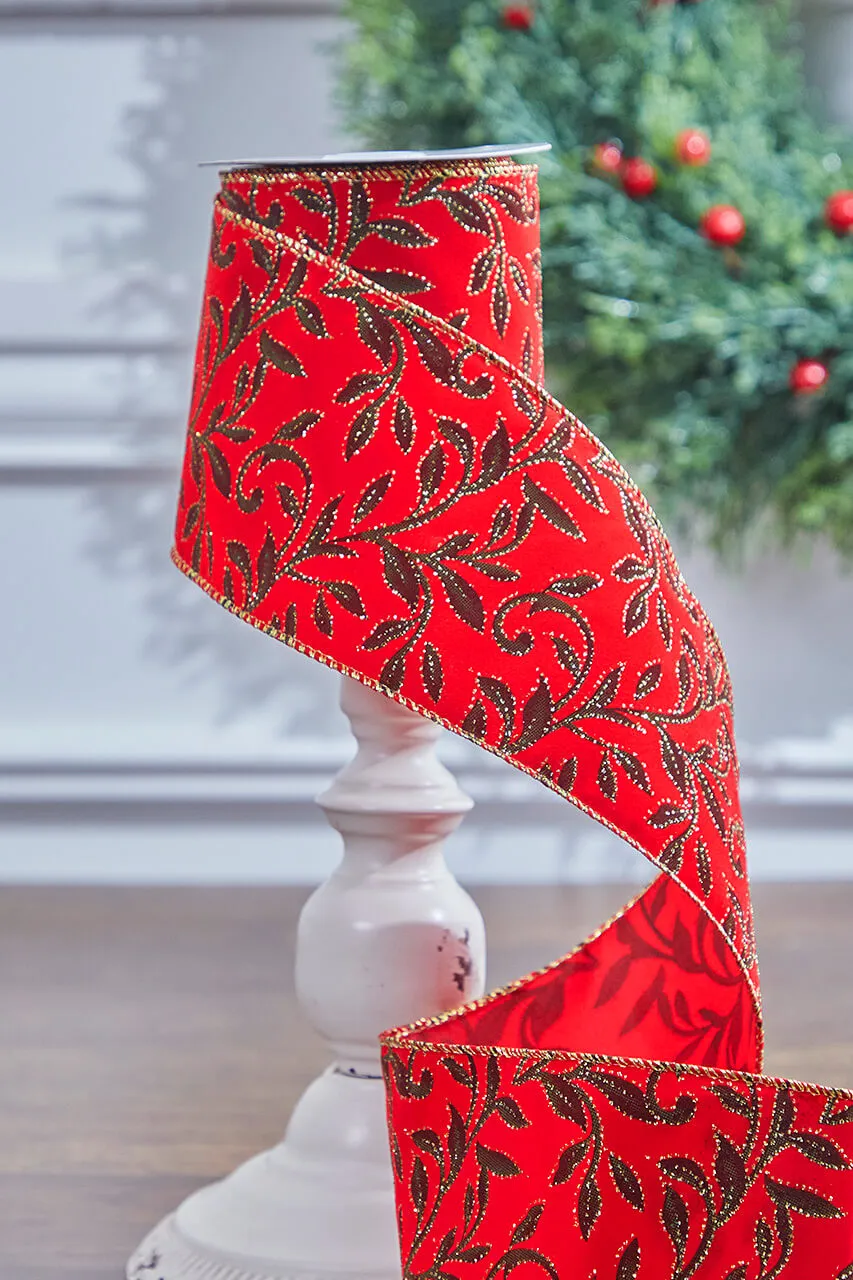 4' x 10 Yard Red Velvet With Vine Wired Ribbon