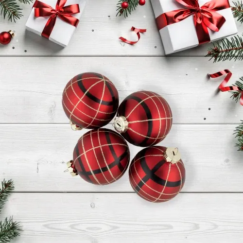 4ct Red, Black & Gold Plaid Glass Ball Christmas Ornaments 3.25' | Christmas