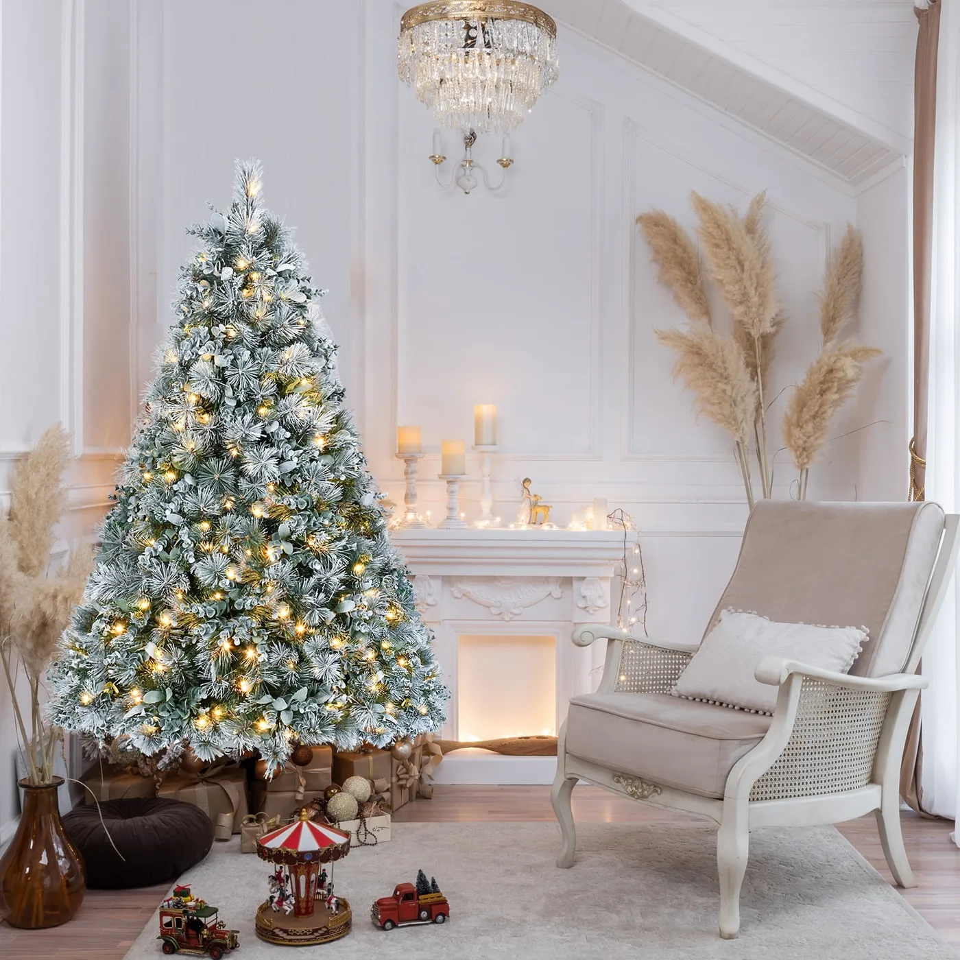 4ft Prelit Flocked Christmas Tree with Eucalyptus Leaves 404 Tips 150 LED  Lights Metal Stand Indoor
