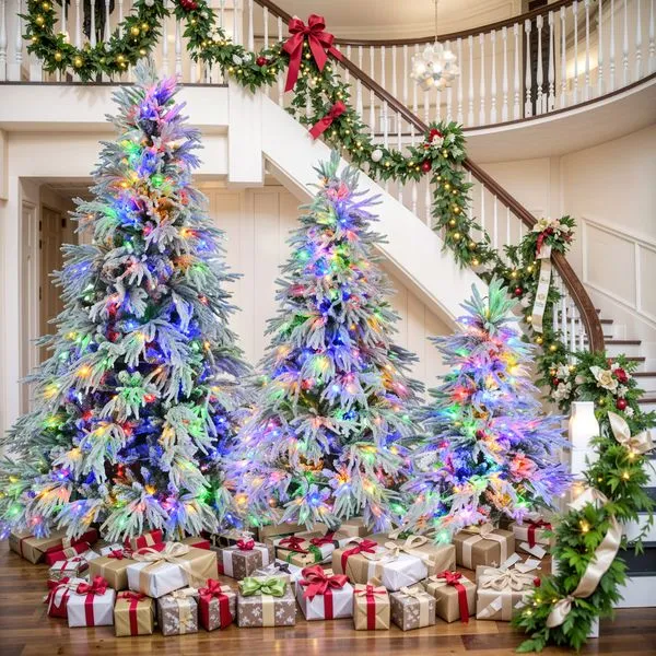 6 Feet Pre-Lit Multicolored Lights Christmas Tree, Artificial Snow Flocked  Tree 4.5/6/7 Ft