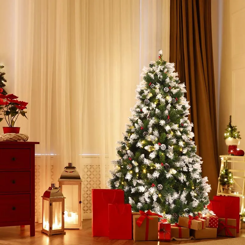 6 ft Pre-lit Snow Flocked Christmas Tree with Red Berries and LED Lights
