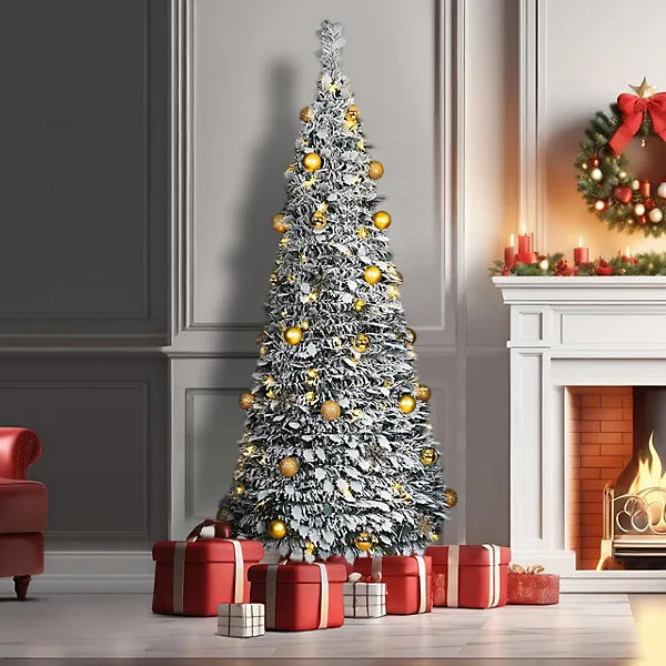 6ft Pre-Lit Pop Up Frosted Christmas Tree with Assorted Gold Baubles & 150  Warm White