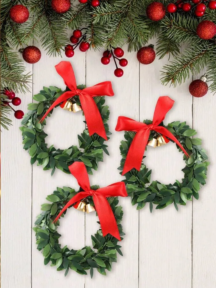 6pcs-Mini Christmas Wreaths With Red Bows And Golden Bells, Plastic Festive  Artificial Craft Tree Ornaments, Christmas Kitchen Cabinet Hanging Garland,  Artificial Crafts Tree Decorations Holiday Dec