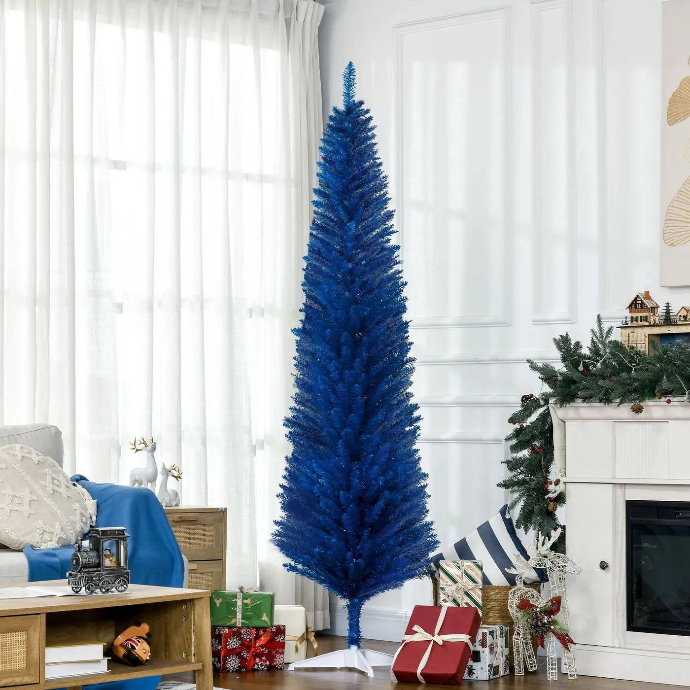 7 ft Pencil Christmas Tree with 499 Branch Tips and Plastic Stand, Slim  Artificial Holiday Tree for Small Spaces