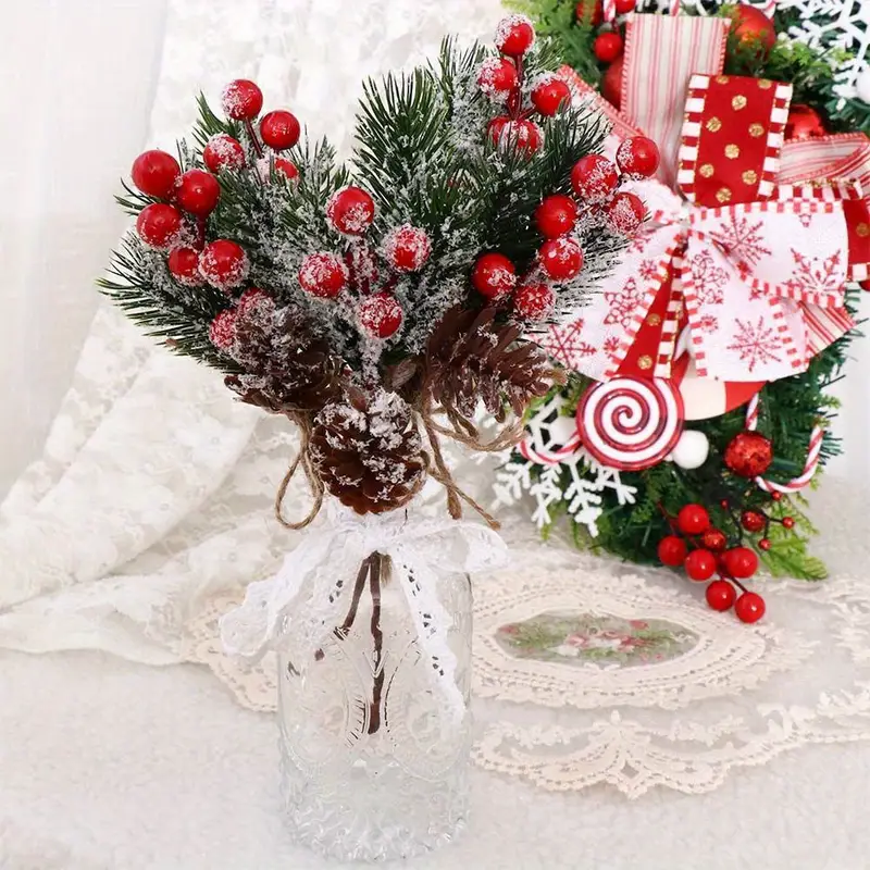 7pcs handmade snowy pine branch berries holly flocked snow - Temu Finland