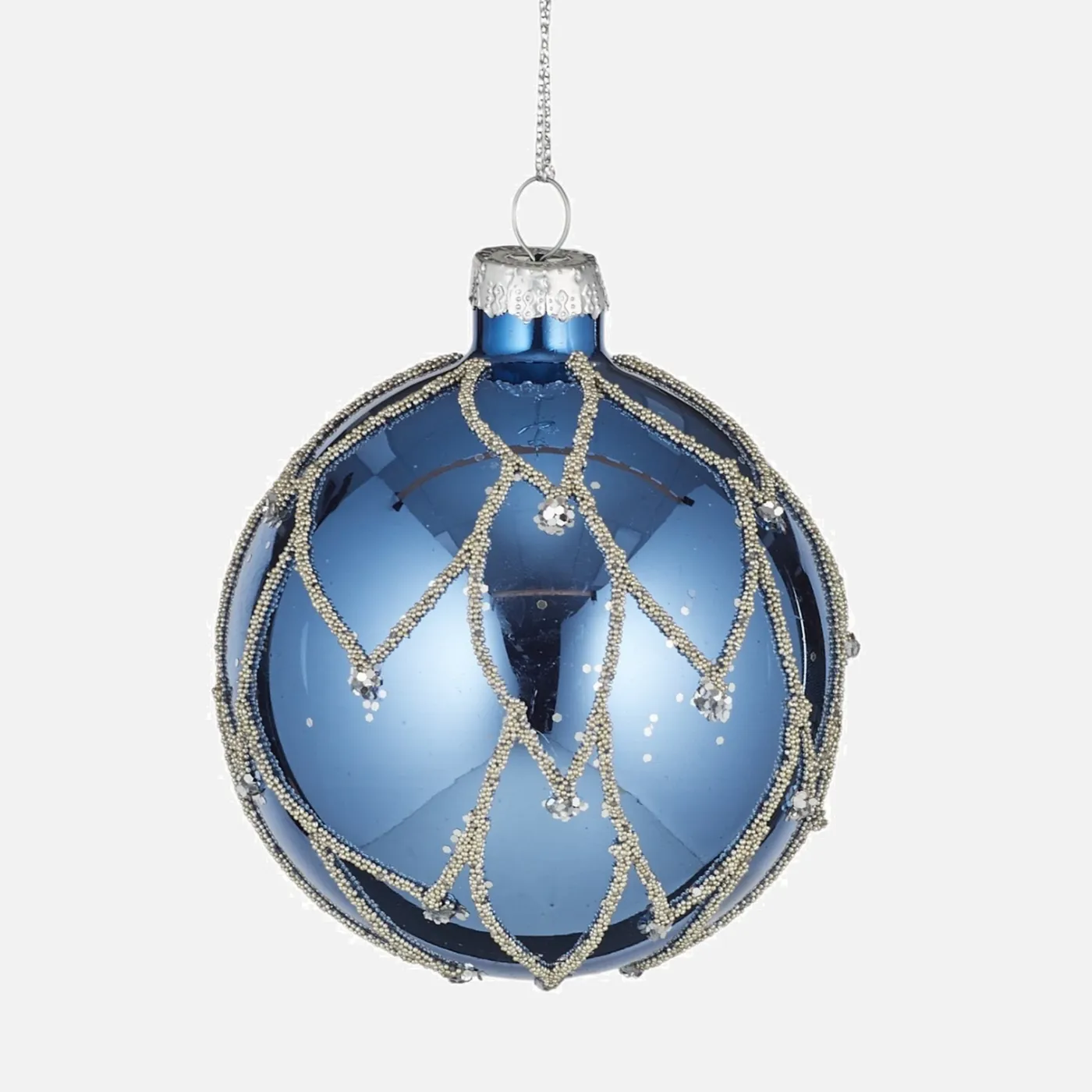 80mm Metallic Blue Silver Glitter Glass Christmas Bauble