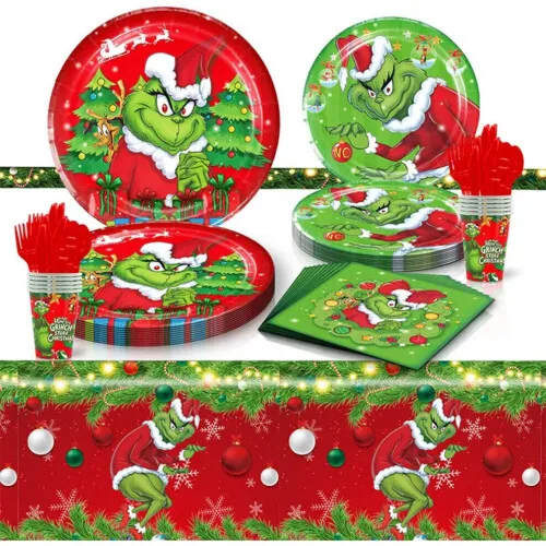 81 PCS Christmas Party Tableware Decorations The Grinch Themed Table Supplies Set Merry Christmas Table Supplies Party Paper Plates Napkins Cups on OnBuy