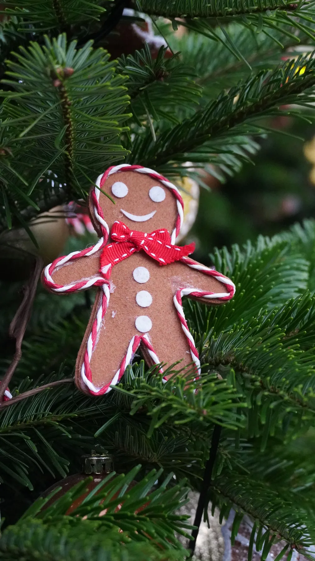 A charming gingerbread man ornament adds festive cheer to a Christmas tree.