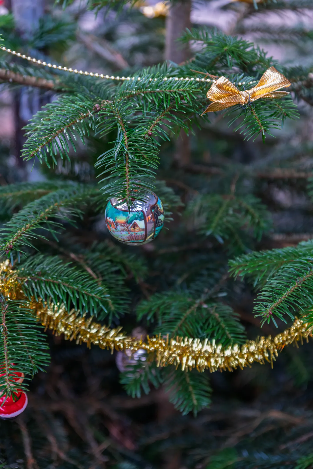 A close-up of a decorated Christmas tree with festive ornaments and golden ribbons, capturing the holiday spirit.