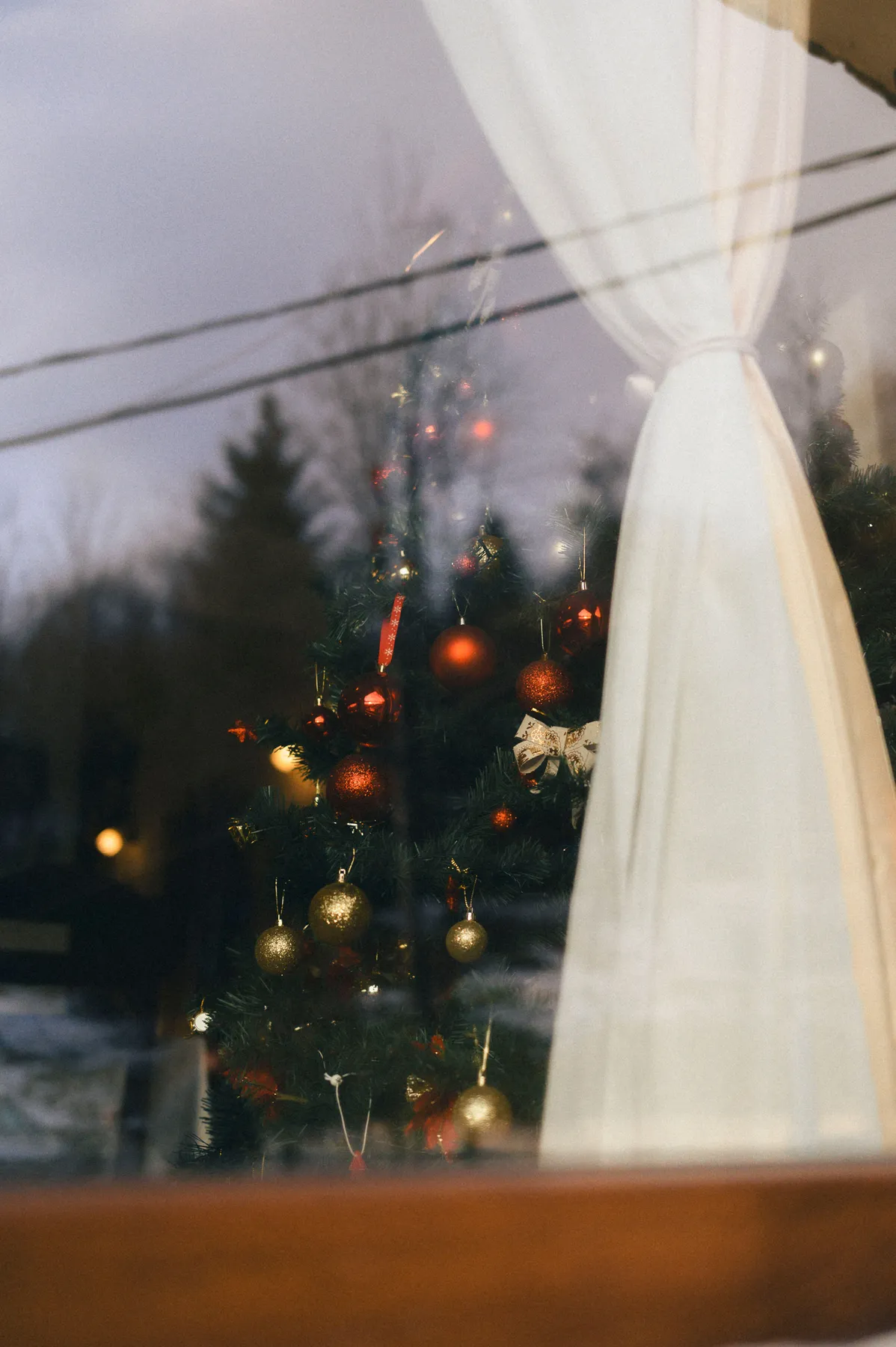 A decorated Christmas tree seen through a window, evoking a warm holiday atmosphere.