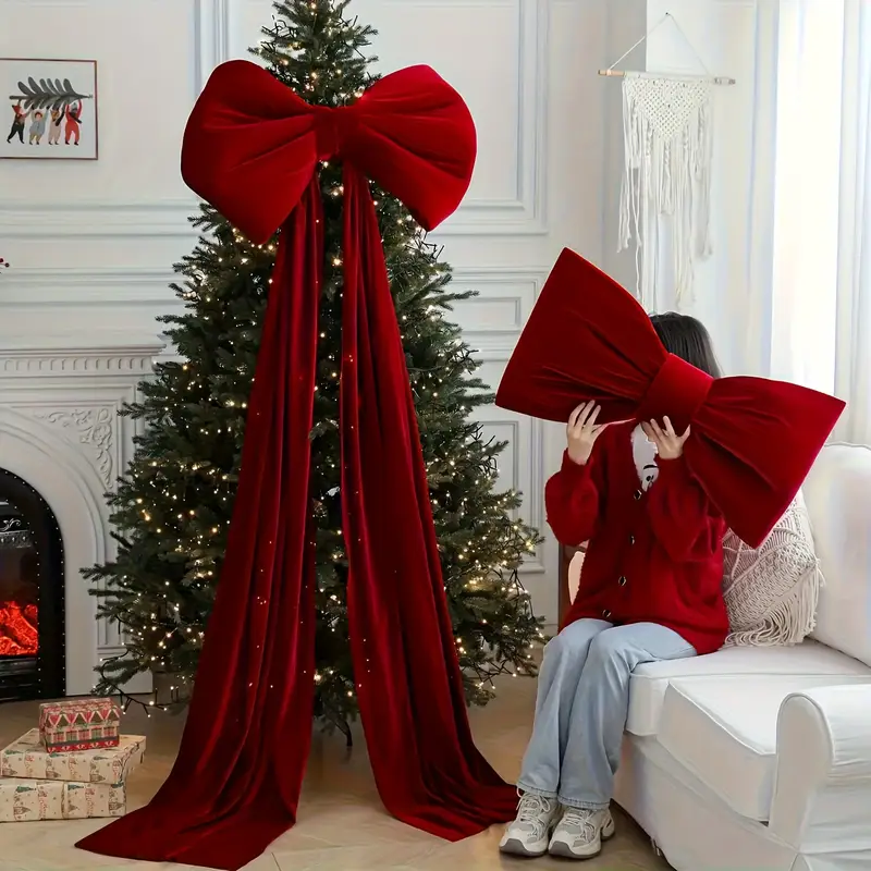 a large red velvet christmas bow golden accents a heavy - Temu Mauritius