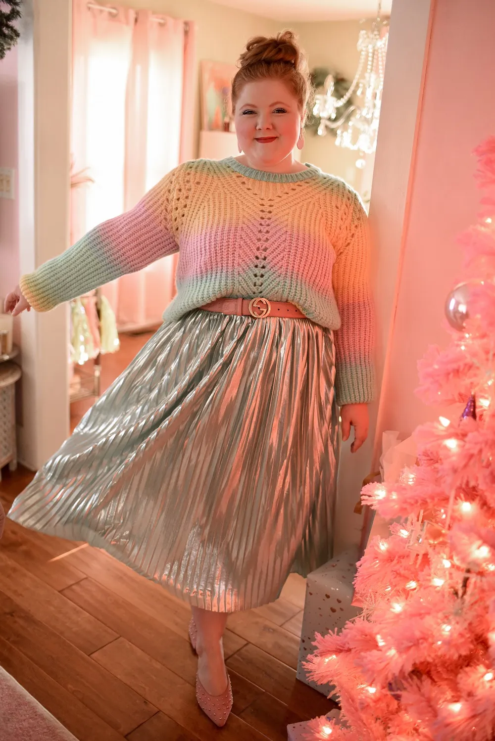 A Pastel Rainbow Outfit for Christmastime featuring the Jovie Tie-Dye Sweater from Anthropologie and a plus size Pleated Metallic Skirt from Ulla Popken.