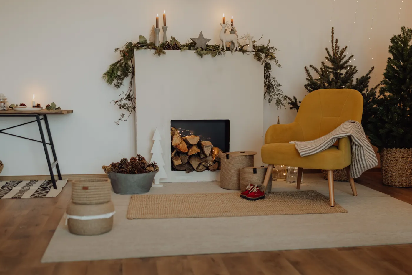 A warm and inviting living room setup with a fireplace, perfect for cozy winter nights.