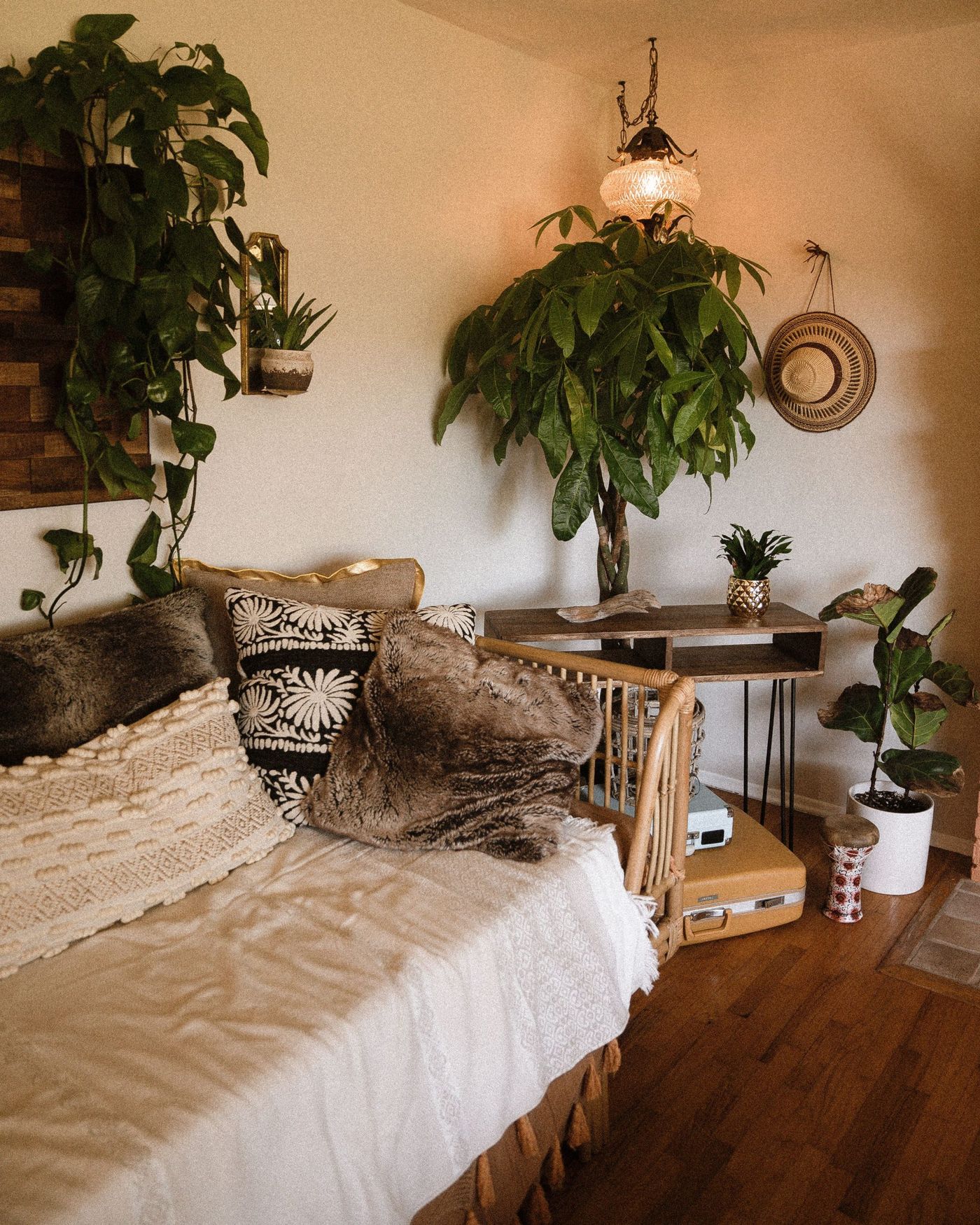 A warm, stylish boho living room featuring houseplants and wooden decor.