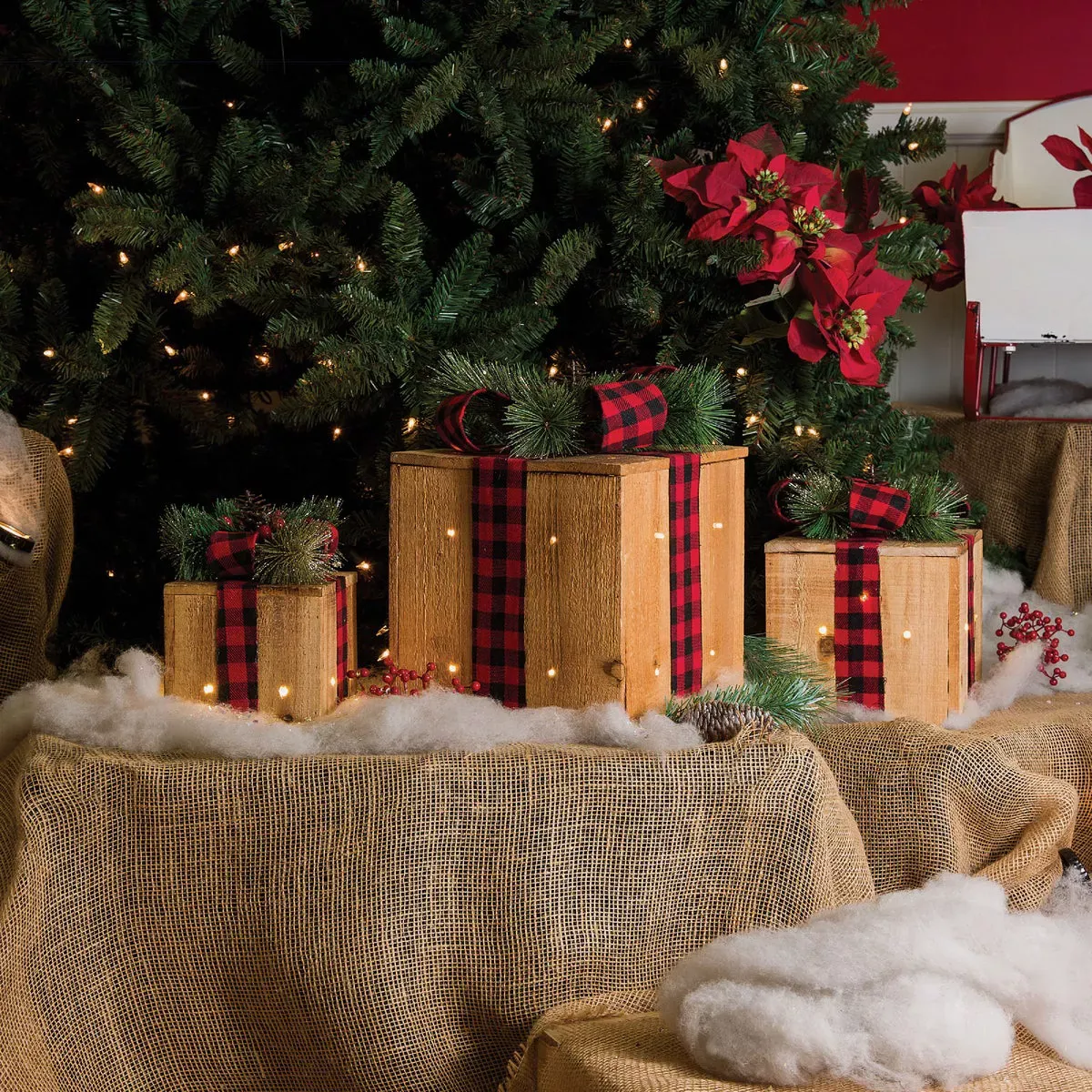 Alpine Warm White LED Rustic Wood with Red Plaid Ribbon Christmas Gift Box Set (3-Piece) | Do it Best