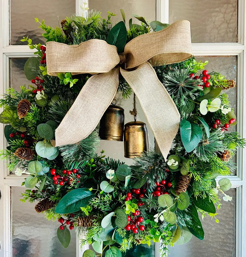 Artifical Farmhouse Christmas Wreath with Red Berries, Bells & Bow – Aussie Made Christmas