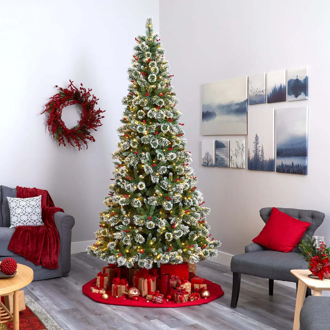 Artificial Tree Clear Decorated Tree Christmas Trees 9' Frosted Swiss Pine  Artificial Christmas Tree With 700 Clear LED Lights And Berries Nearly  Natural