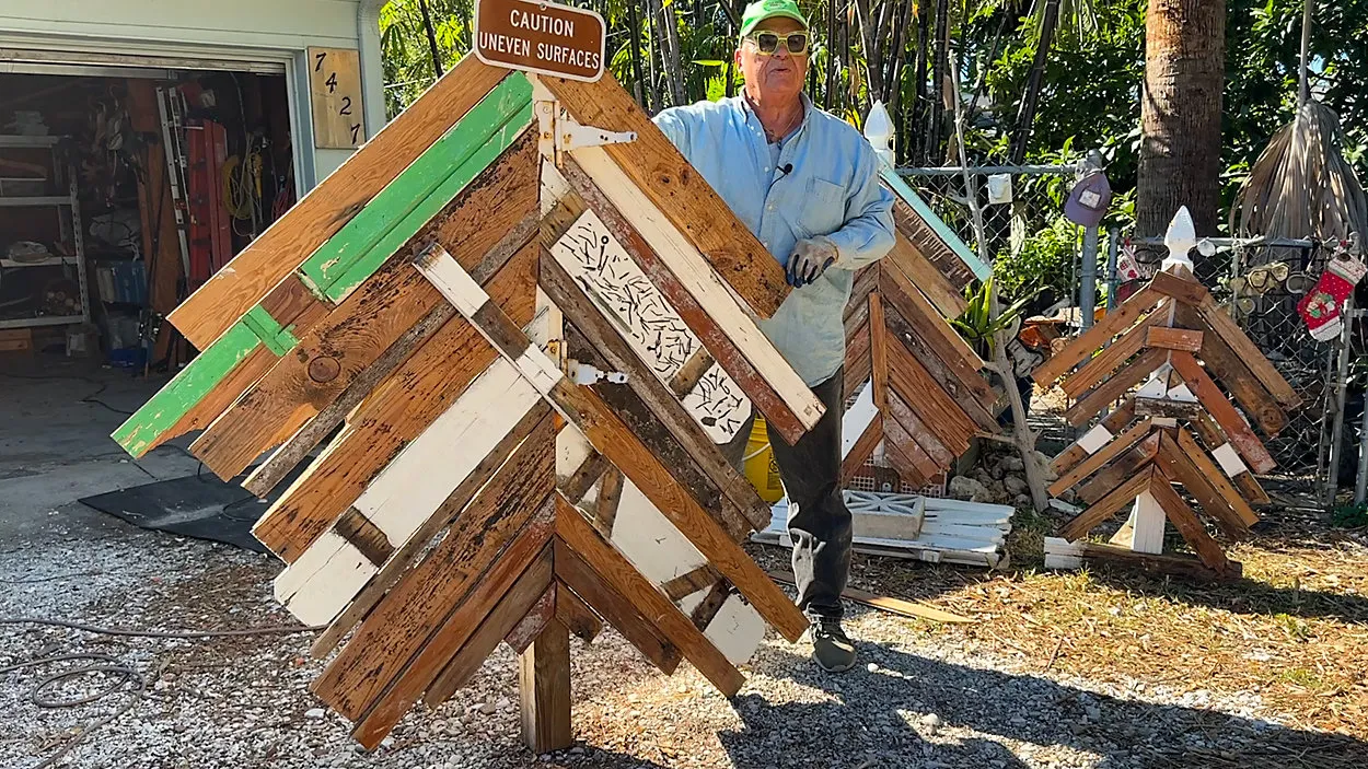 Artist makes Christmas tree out of storm debris