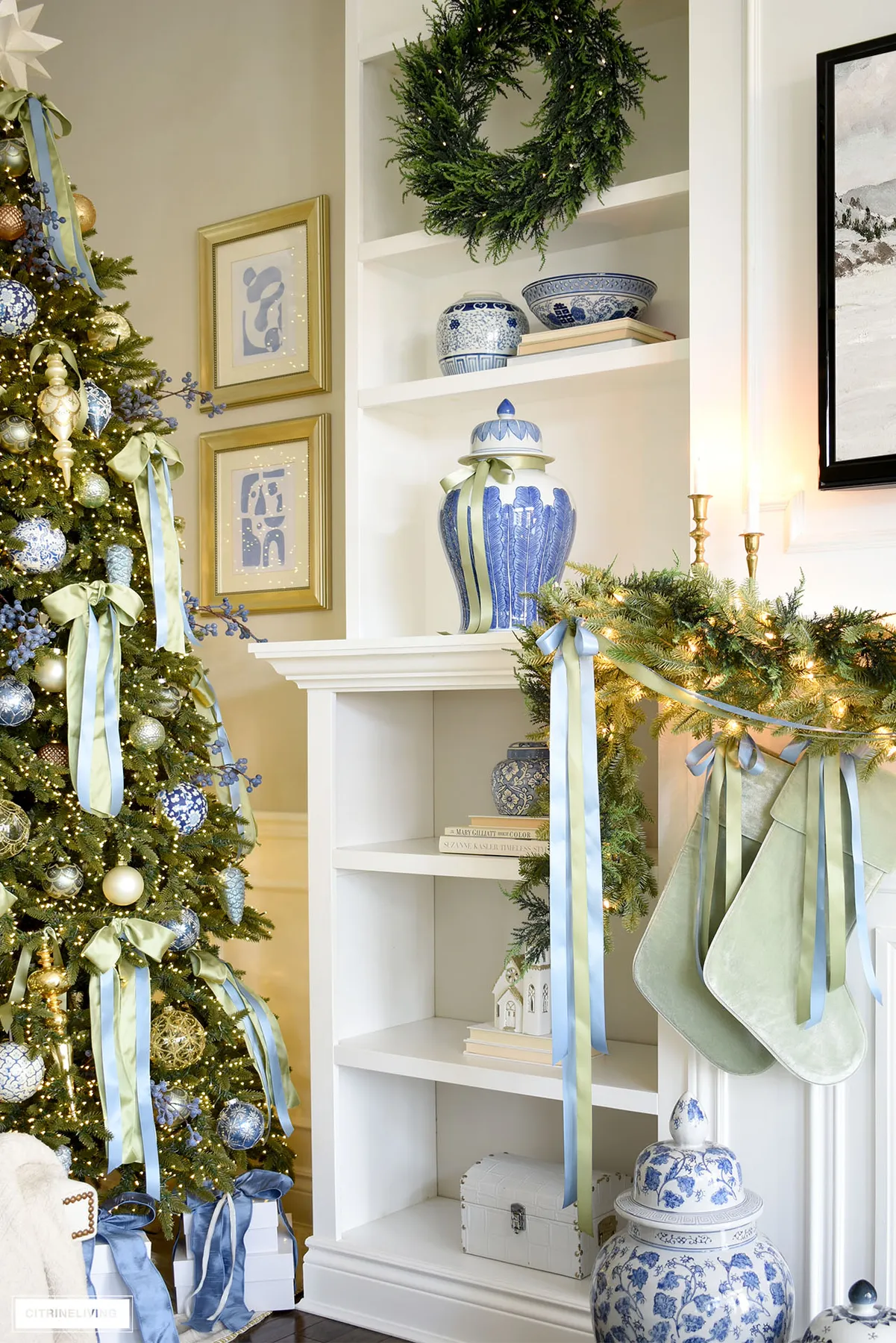 BLUE + GREEN CHRISTMAS TREE AND MANTEL | CitrineLiving