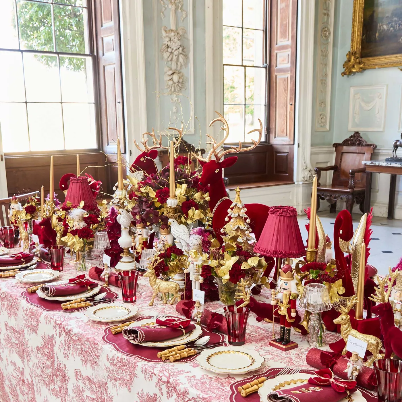 Burgundy Nutcracker Embroidered Linen Napkins | Mrs. Alice