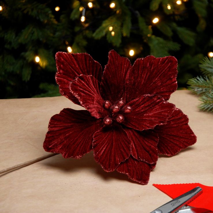 Burgundy Velvet Magnolia Stem - Christmas Floristry Decoration - 40cm
