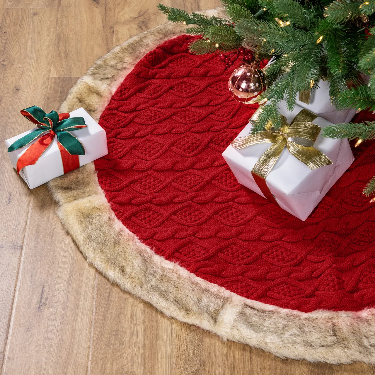 Cable Knit Christmas Tree Skirt with Faux Fur Trim- 48' - Red | Christmas