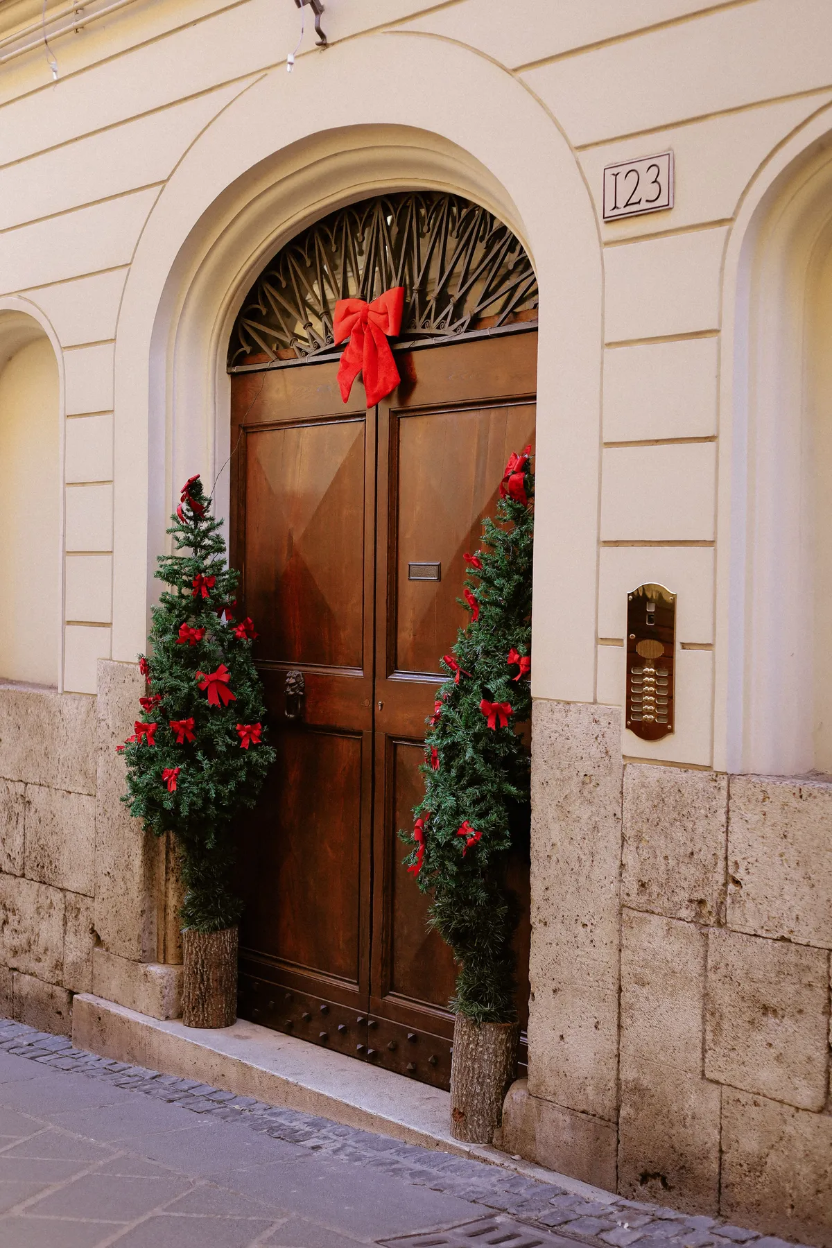 Charming wooden door adorned with Christmas decor and greenery, featuring red bows.