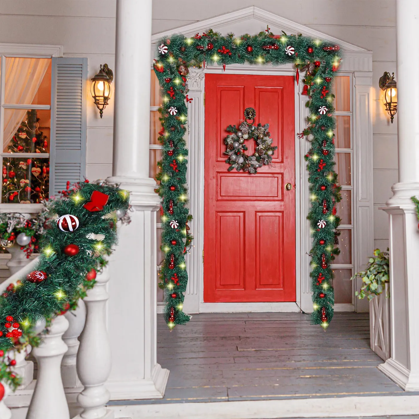 Christmas Door Garland Outdoor 9FT LED Christmas Garland Holiday Greenery  Festive Hanging Door Decor Xmas Home Garland Pinecones Red Berries Bows  Christmas Balls Candies