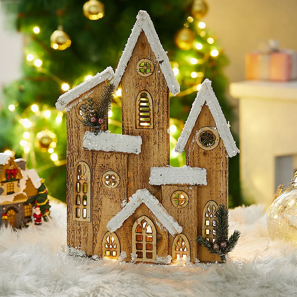 Christmas Luminescent Wooden House Snowy Cabin Tabletop Decor