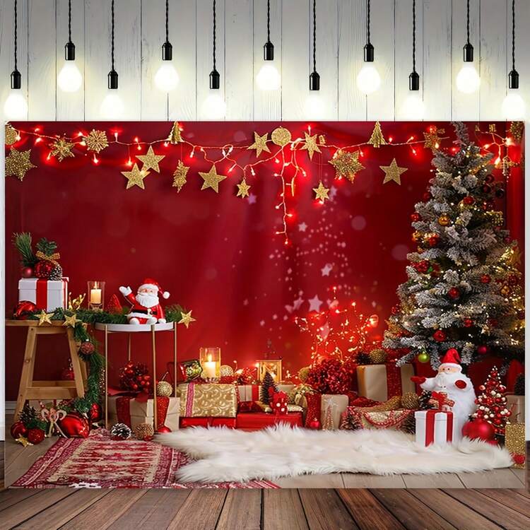 Christmas Photobooth Backdrop Cloth - Santa Claus & Tree Design, Polyester Winter Wonderland Scene For Family Gatherings & Photo Props, No Feathers, Versatile Indoor Use For Holiday Decoration, Hall