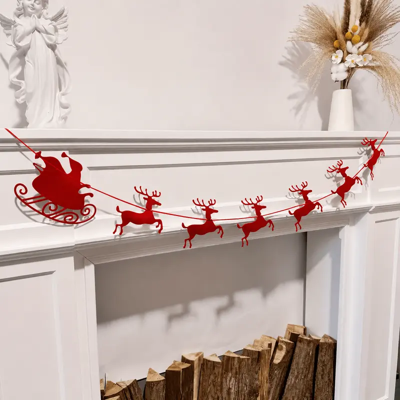 Christmas Red Felt Banner with Santa Claus Sleigh and Reindeer Pulling Flag, Christmas Fireplace Hanging Pennant * Indoor Wall Party Decoration