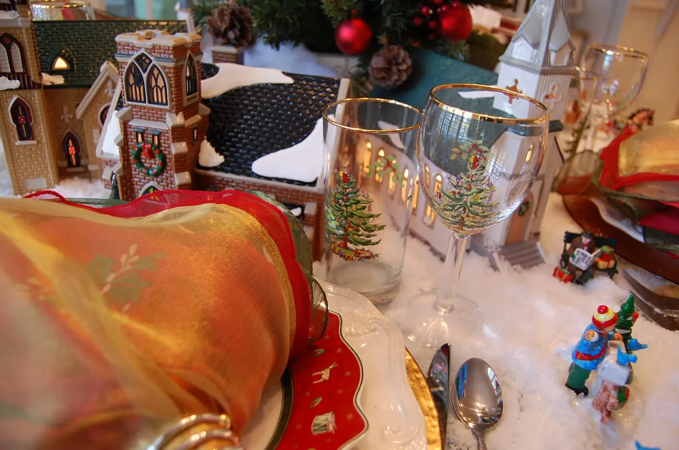 Christmas Table Setting with Dept. 56 Churches – Between Naps on the Porch