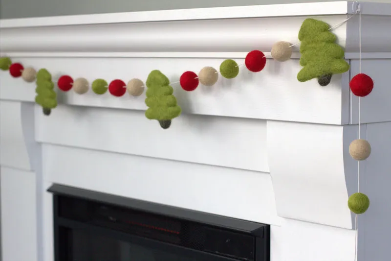 Christmas Tree Felt Garland- Red, Lime Green, Almond- Handmade by Matthew and Mae 6 ft (25 shapes)