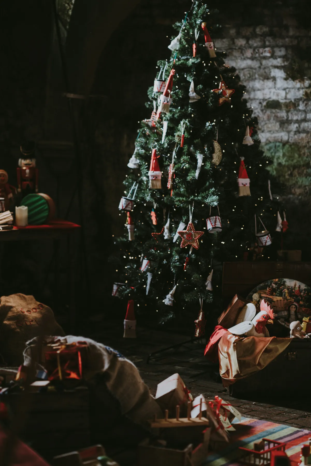 Christmas tree, gifts, festive scene
